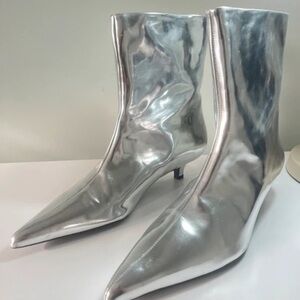 Zara Shiny Silver Pointed Heeled Boots